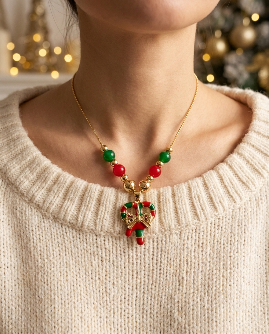 Candy Cane Bow Christmas Necklace worn