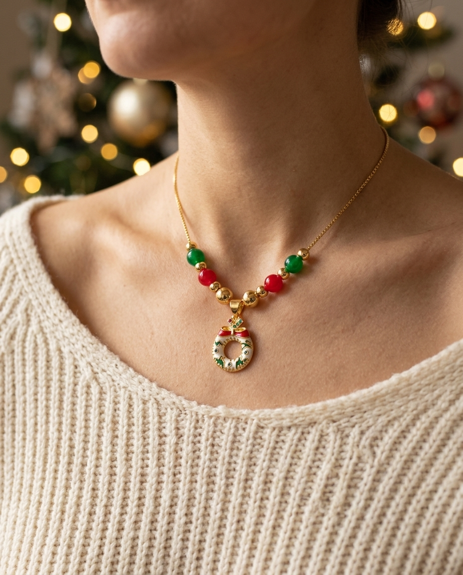Christmas Wreath Necklace worn